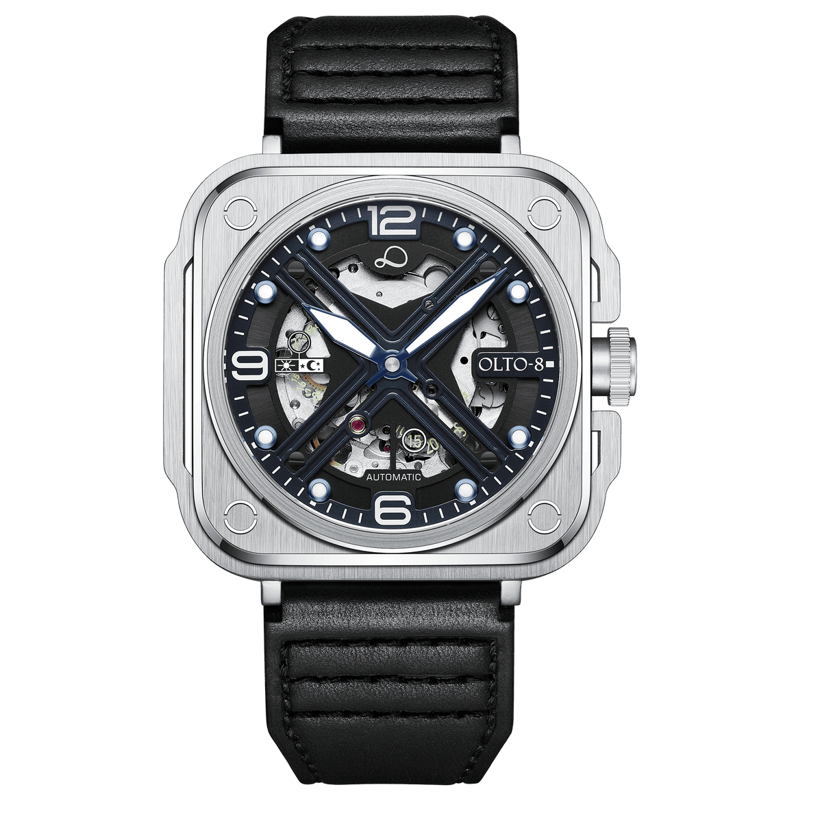 OLTO-8 IRON-X Square Skeleton Automatic Watch Silver