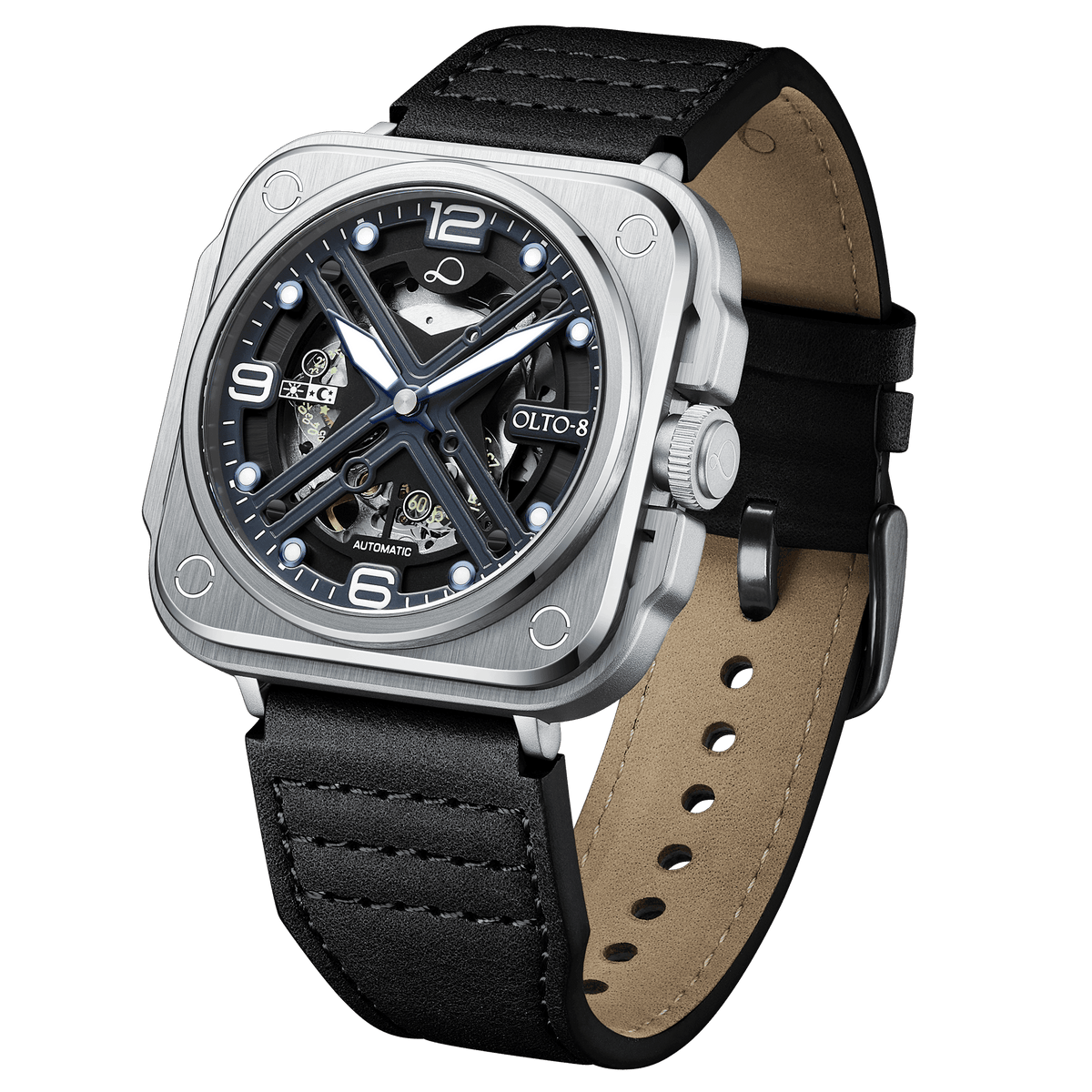 OLTO-8 IRON-X Square Skeleton Automatic Watch Silver