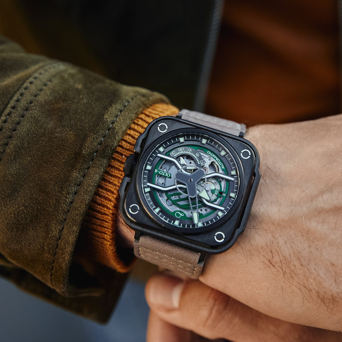 OLTO-8 IRON-EX Square Skeleton Automatic Watch Green