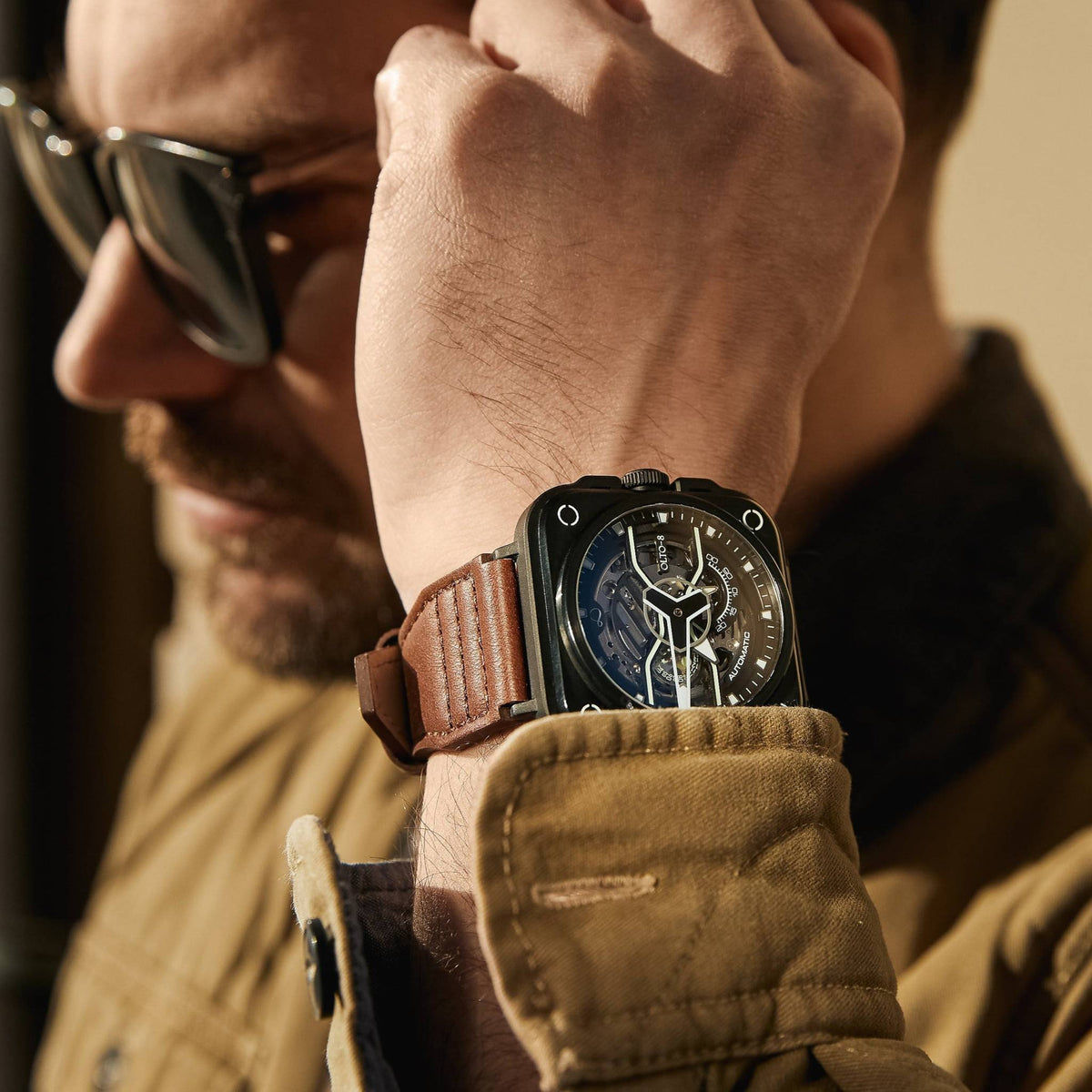 OLTO-8 IRON-EX Square Skeleton Automatic Watch Brown