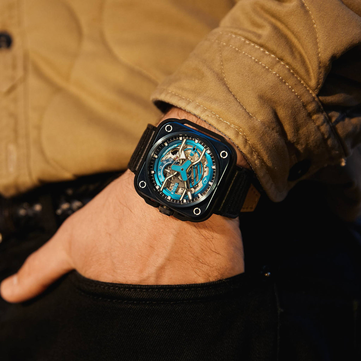 OLTO-8 IRON-EX Square Skeleton Automatic Watch Blue